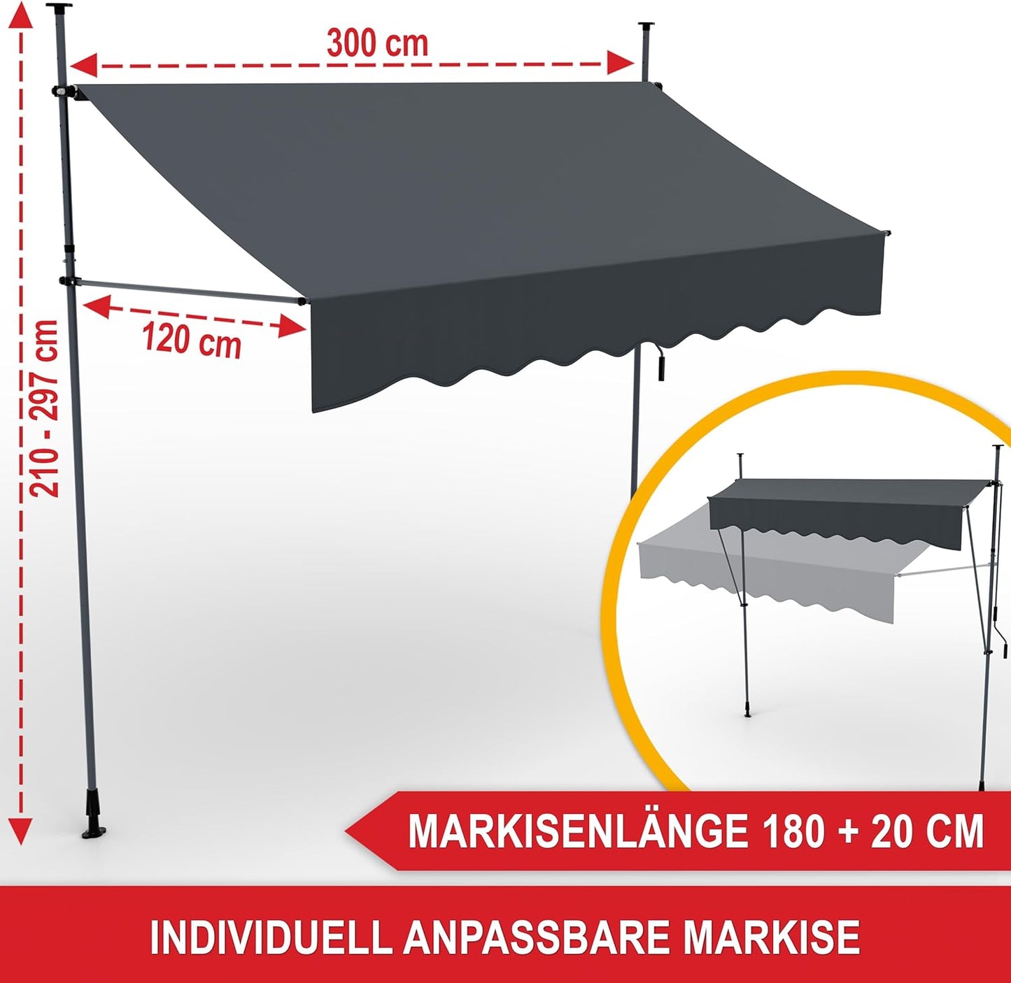 BITTE LESEN !!! Retourenware !!3m x 1,2m Klemmmarkise aufrollbar Balkonmarkise Balkon Terrasse Sichtschutz Antrazit