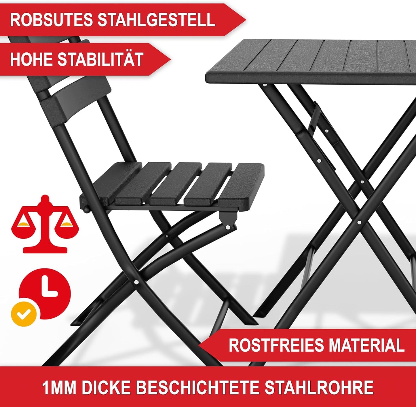 Balkontisch Set für 2 Personen Tisch mit 2 Stühlen Kunststoff in Holz Optik Schwarz