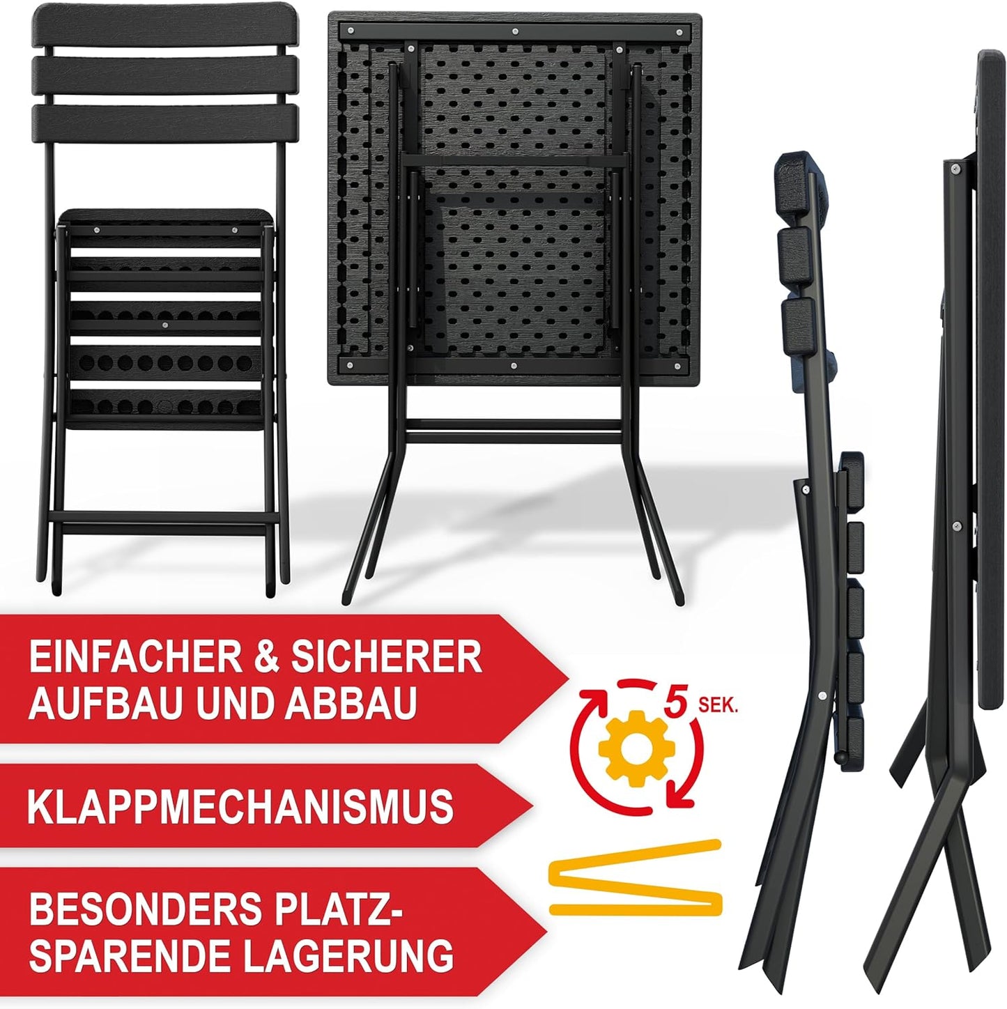 Balkontisch Set für 2 Personen Tisch mit 2 Stühlen Kunststoff in Holz Optik Schwarz