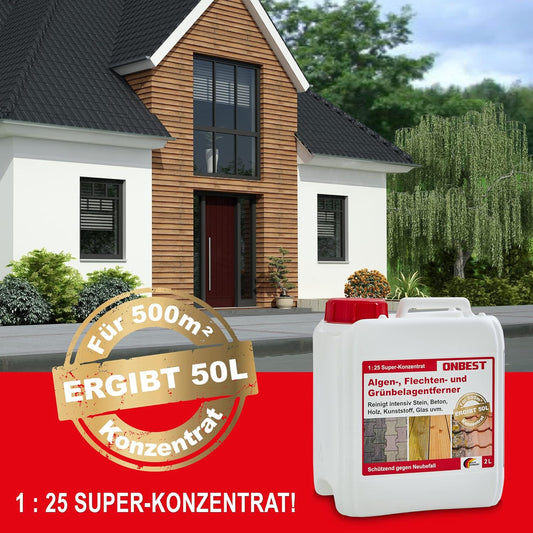 2 Liter Grünbelagentferner 1:25 Konzentrat Grünbelag Algen Stein, Holz, Dachziegel Terrasse, Markise, Pflasterstein | Made in Germany