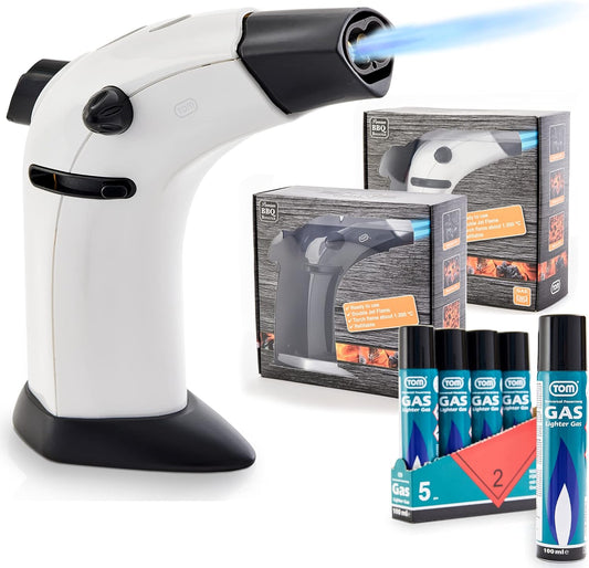 Flambierbrenner Set mit Doppel Jetflame und 5 x Butangas Kartuschen  Weiss GB-800