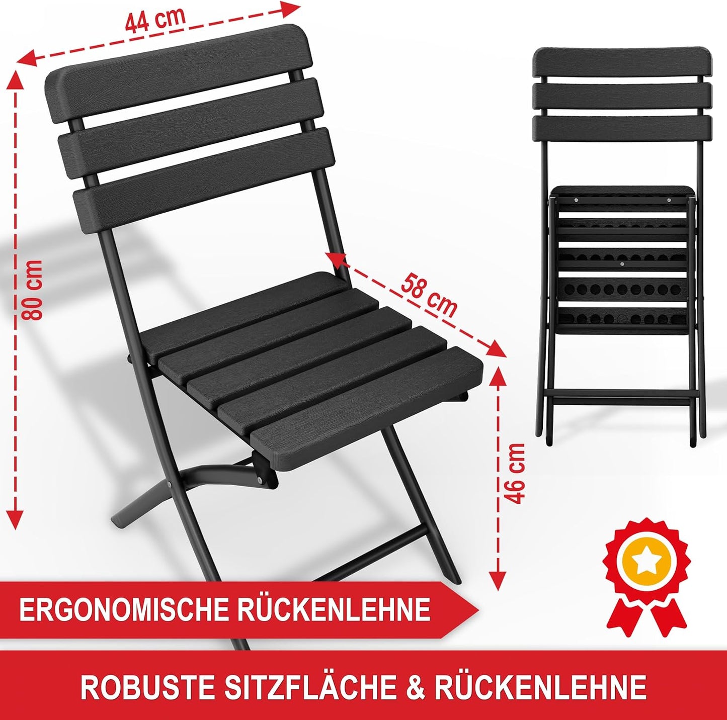 Balkontisch Set für 2 Personen Tisch mit 2 Stühlen Kunststoff in Holz Optik Schwarz