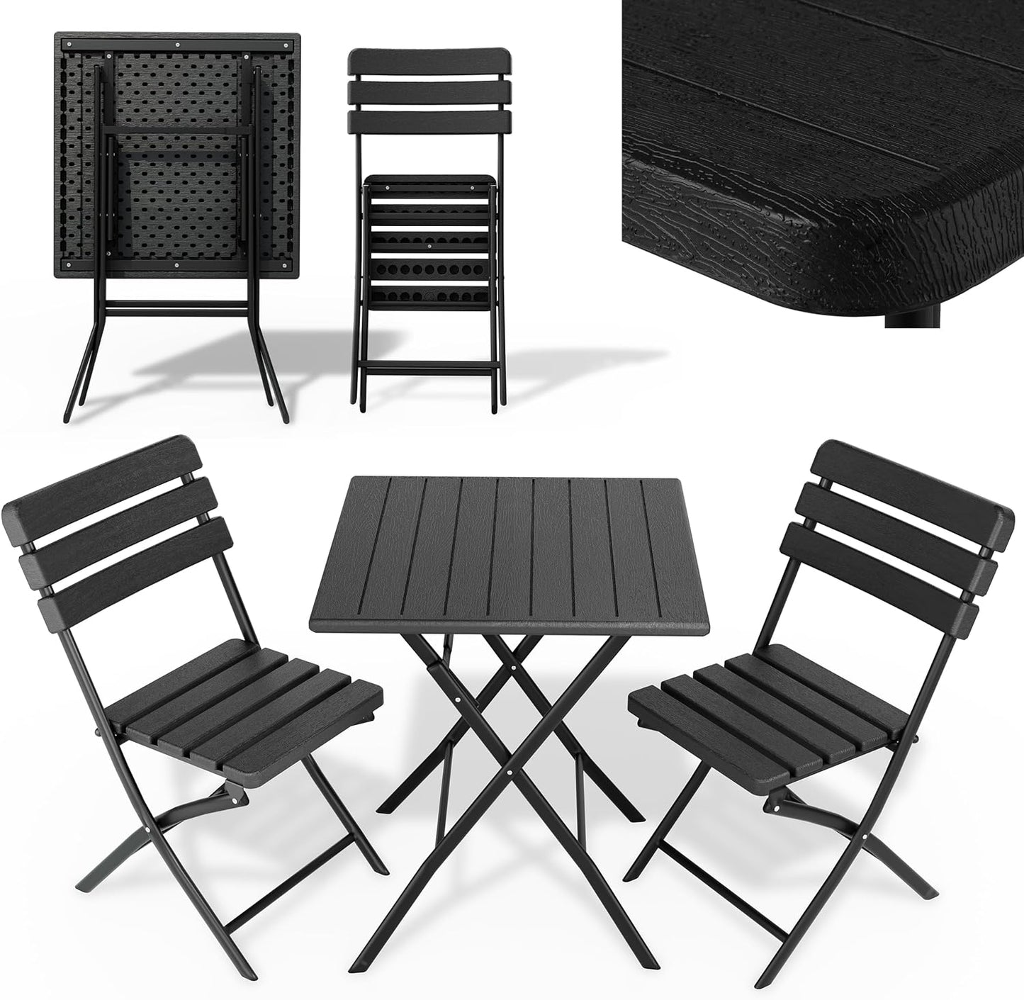 Balkontisch Set für 2 Personen Tisch mit 2 Stühlen Kunststoff in Holz Optik Schwarz