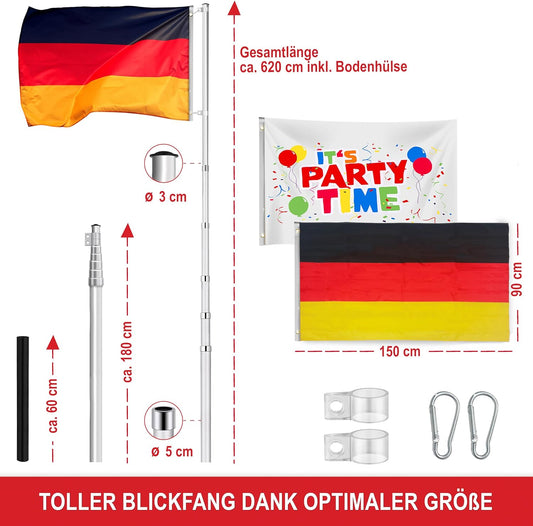 Fahnenmast Flaggenmast Teleskopstange höhenverstellbar Garten Balkon Deutschland Flagge + Party Flagge