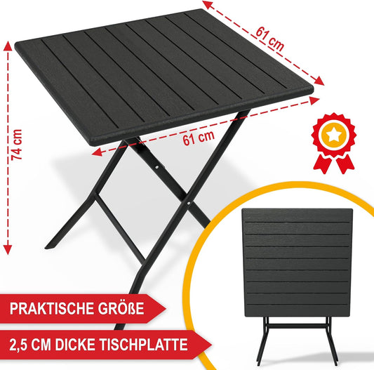 Balkontisch mit Holz Optik Kunststoff Balkon Garten Terrasse Campingtisch 61 x 74 x 61 cm (B x H x T) Schwarz