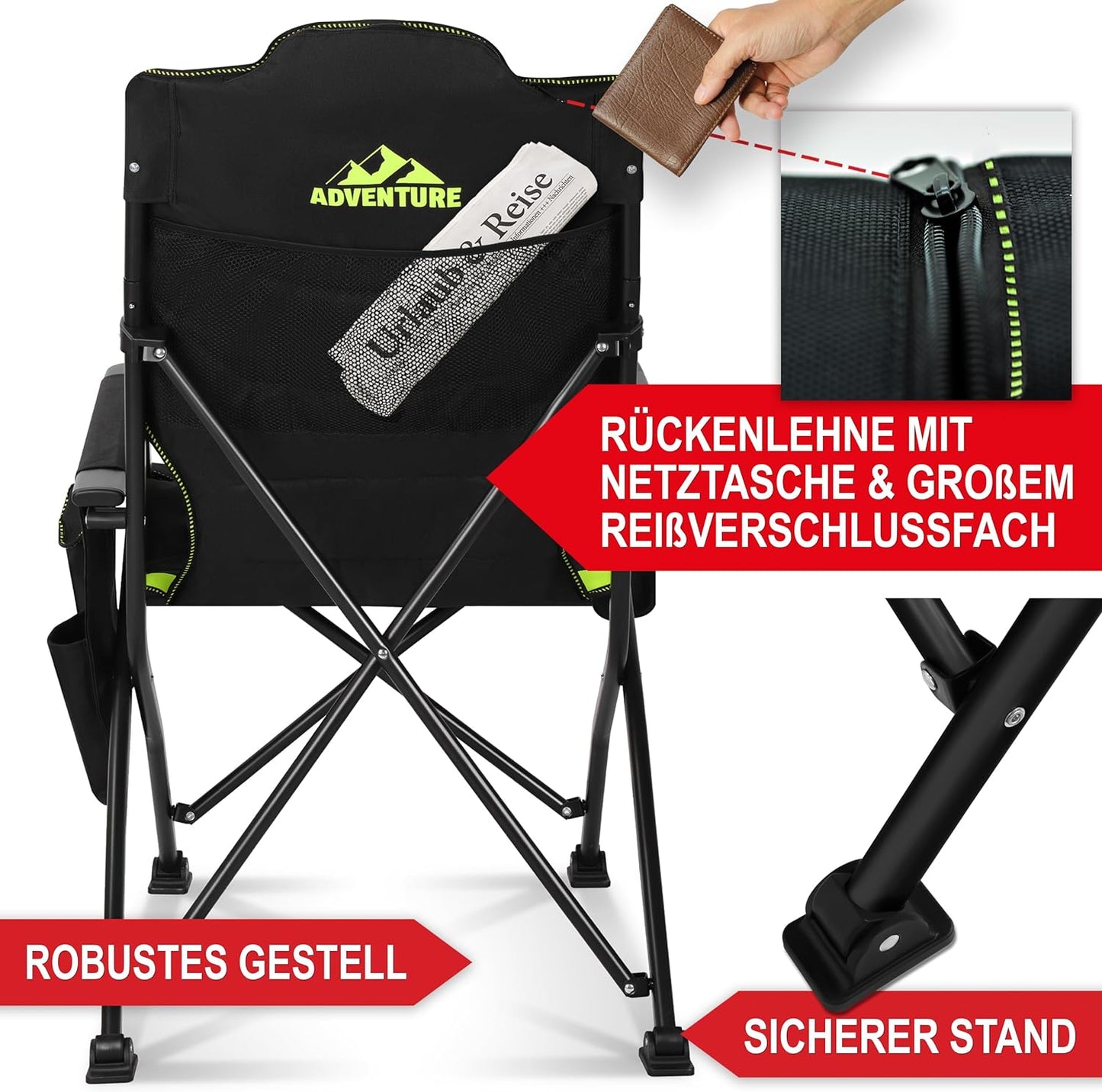 BITTE LESEN !!! Retourenware !Campingstuhl faltbar Klappstuhl Camping Stuhl Hochlehner gepolstert Schwarz Grün