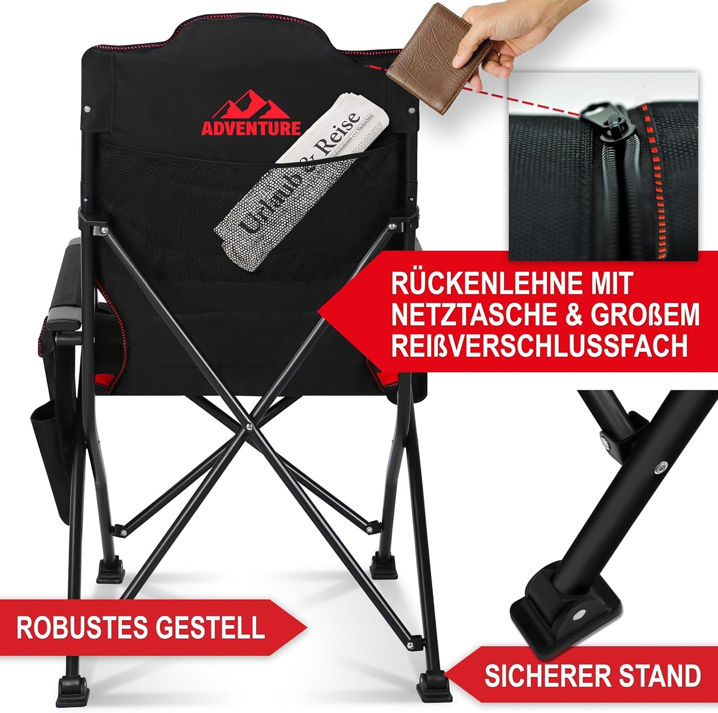 BITTE LESEN !!! Retourenware! Campingstuhl faltbar Klappstuhl Camping Stuhl Hochlehner gepolstert Schwarz Rot