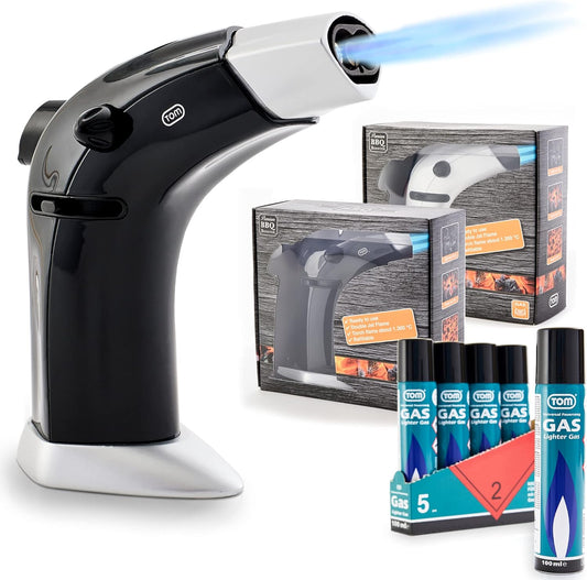 Flambierbrenner Set mit Doppel Jetflame und 5 x Butangas Kartuschen  Schwarz GB-800