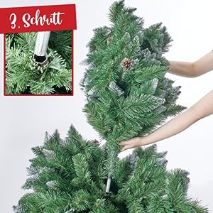 Künstlicher Weihnachtsbaum Nadeln mit Deko Schnee & echten Tannen Zapfen 220cm 04