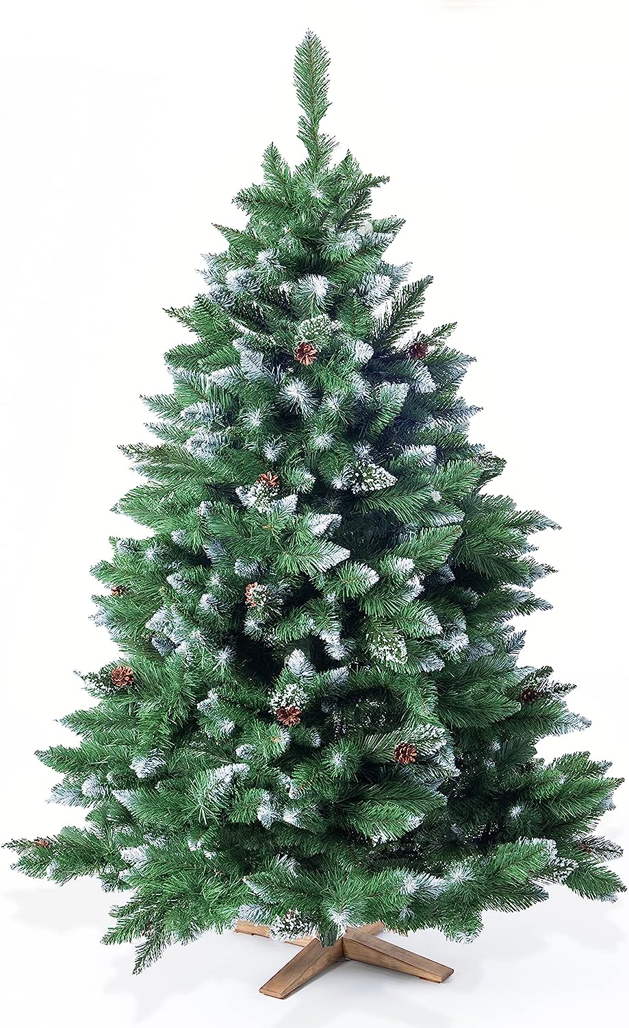 Künstlicher Weihnachtsbaum Nadeln mit Deko Schnee & echten Tannen Zapfen 220cm 04