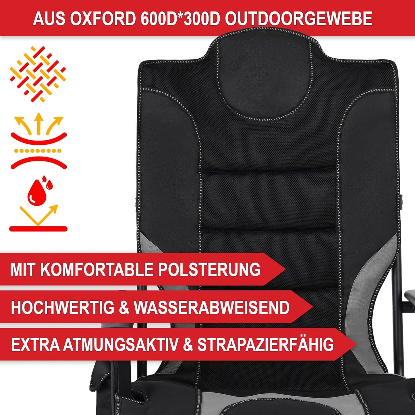 Klappstuhl Campingstuhl faltbar Camping Stuhl Hochlehner gepolstert Grau Schwarz