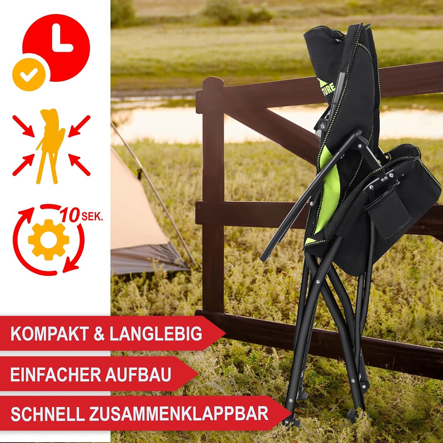 Camping Stuhl Campingstuhl Klappstuhl faltbar Hochlehner gepolstert Schwarz Grün