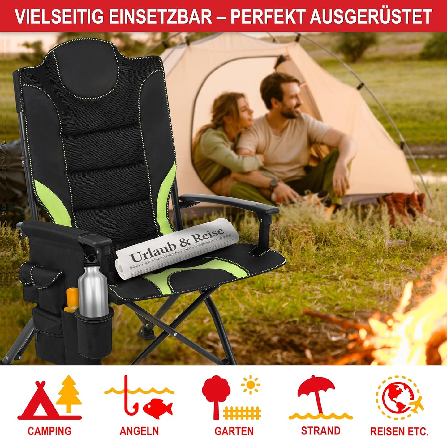 Camping Stuhl Campingstuhl Klappstuhl faltbar Hochlehner gepolstert Schwarz Grün