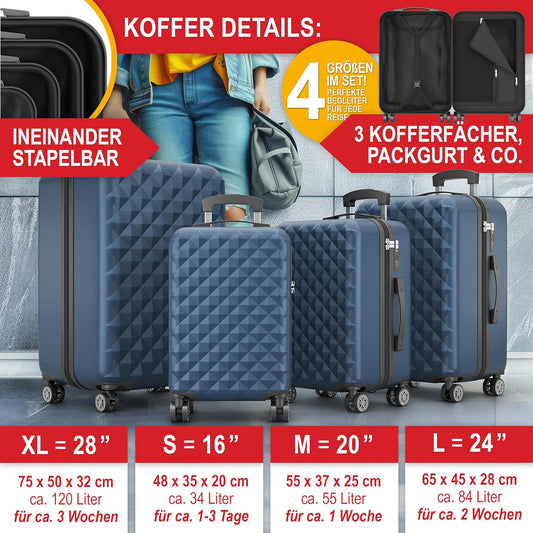 Hartschalenkoffer Kofferset Reisetrolley Hand Koffer Dunkel Blau 4-teilig