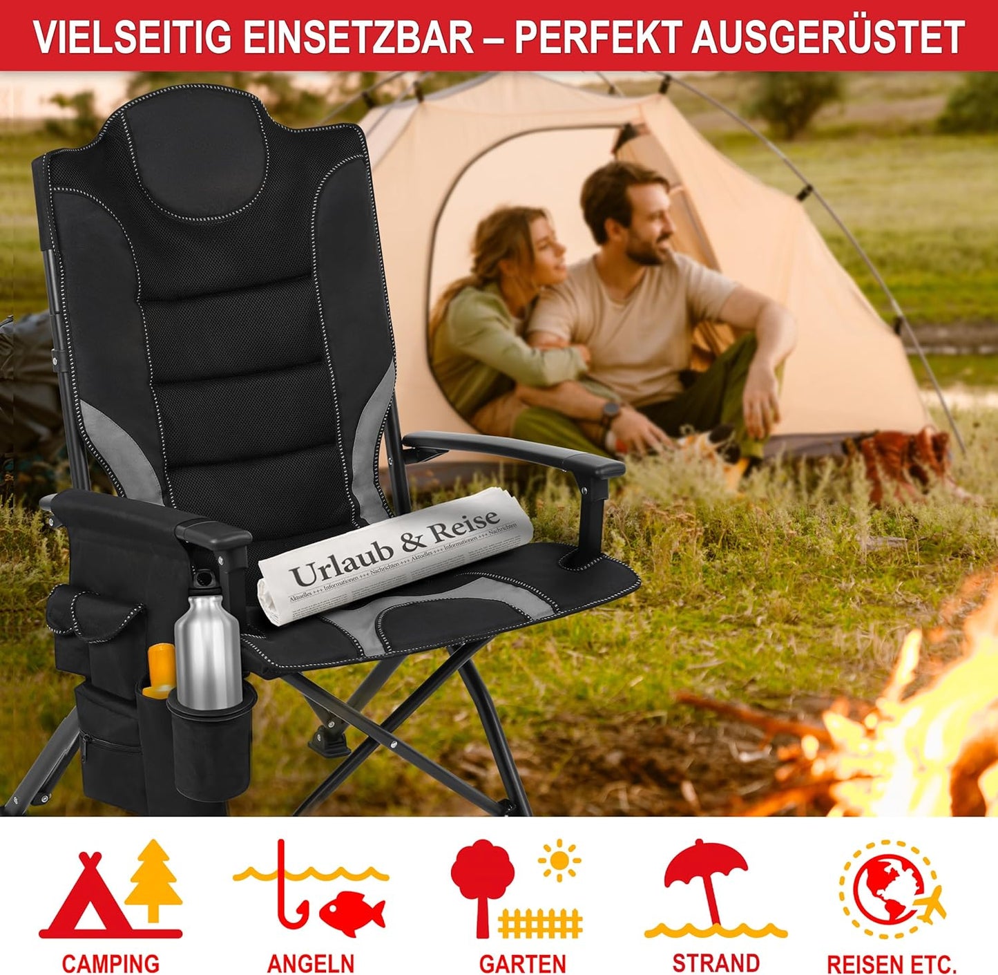 Klappstuhl Campingstuhl faltbar Camping Stuhl Hochlehner gepolstert Grau Schwarz