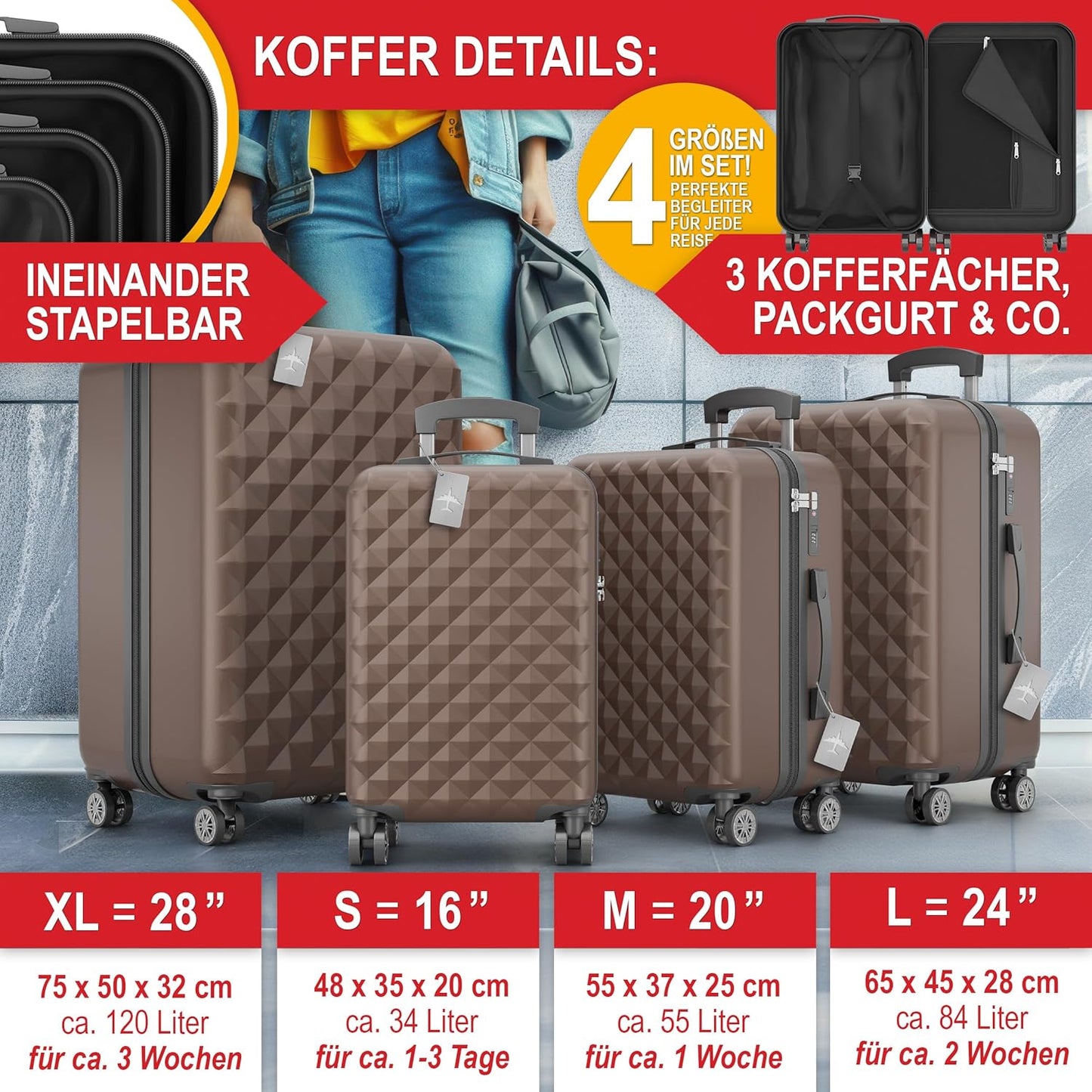 Hartschalenkoffer Kofferset Reisetrolley Hand Koffer Coffee 4-teiliges Kofferset