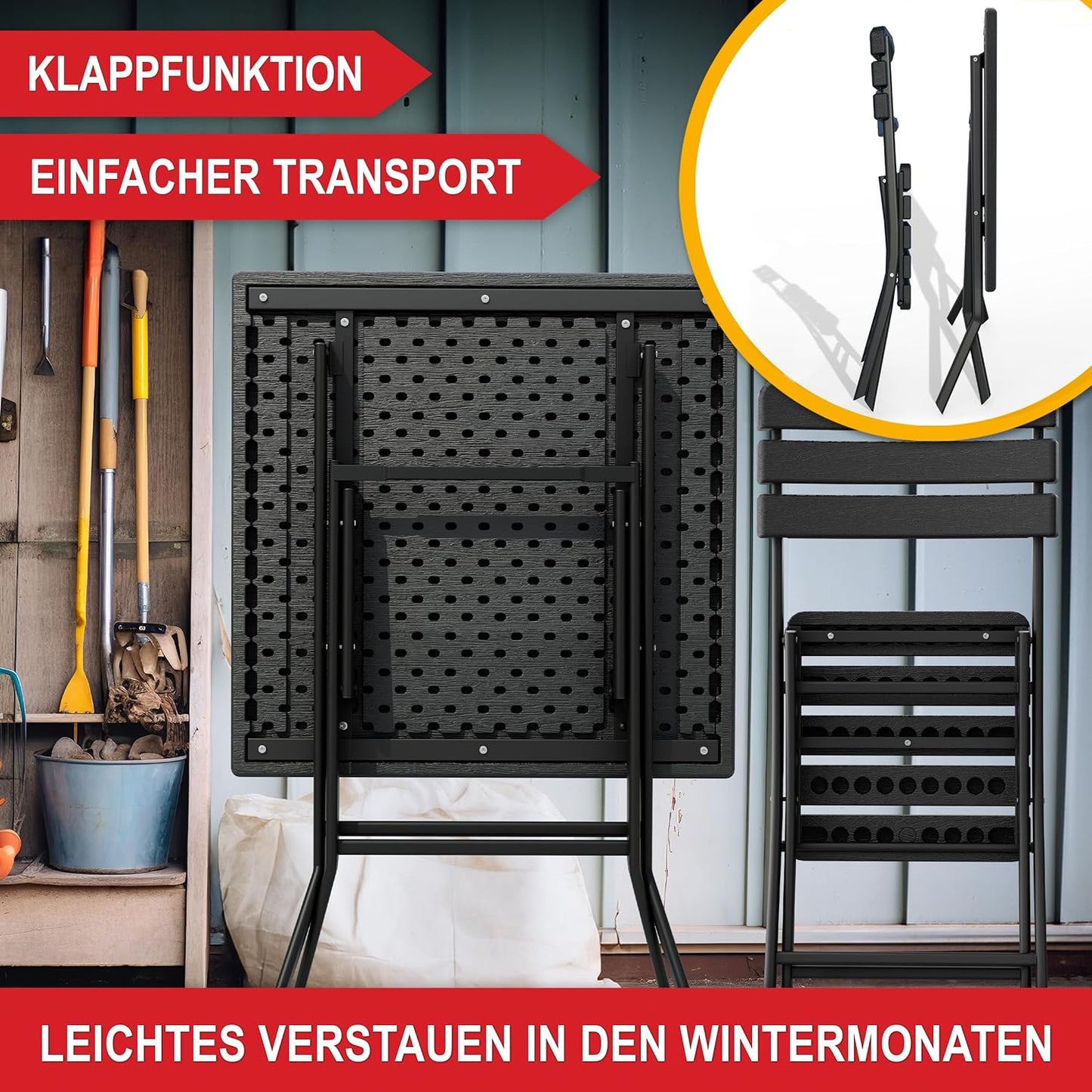 Balkontisch Set für 2 Personen Tisch mit 2 Stühlen Kunststoff in Holz Optik Schwarz