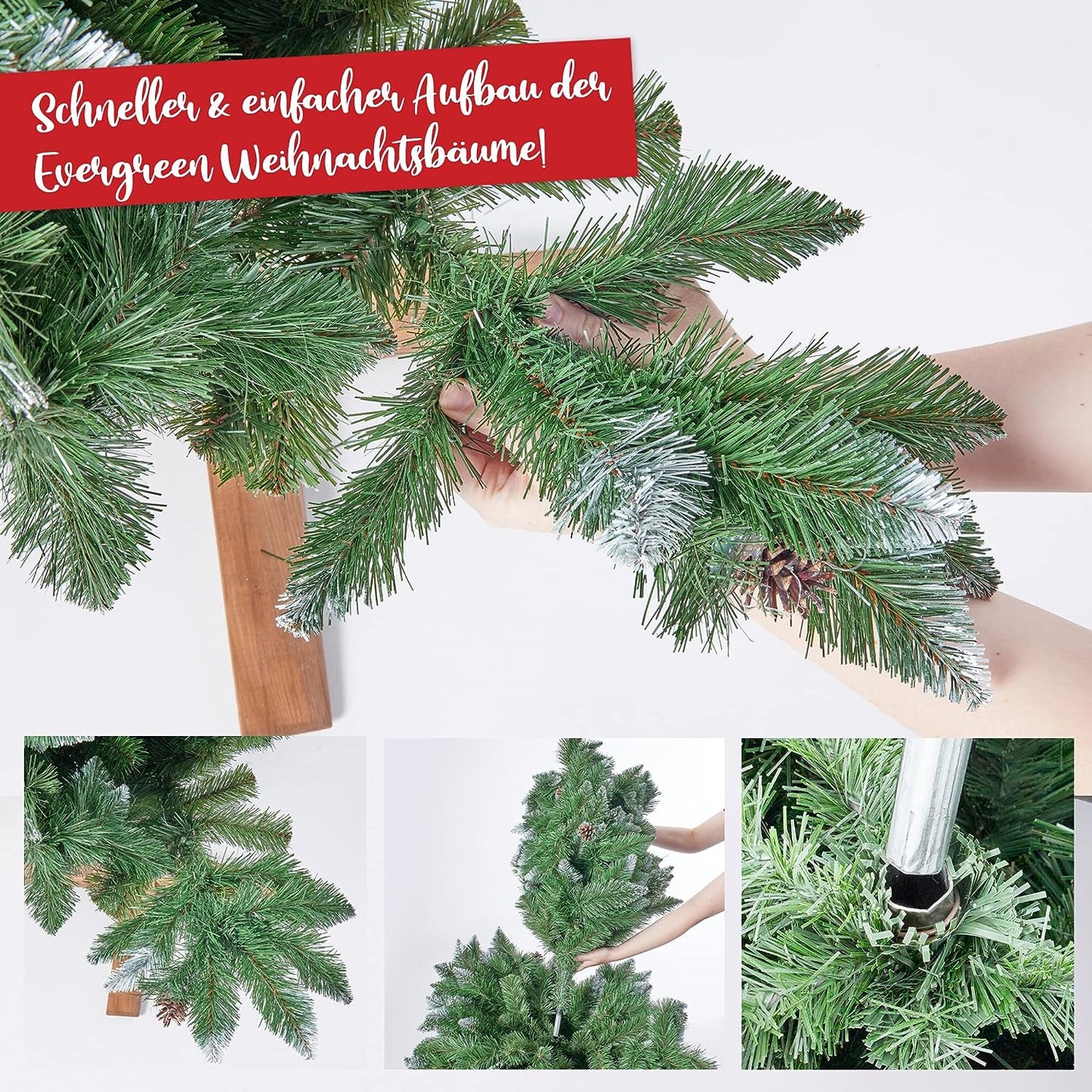 Künstlicher Weihnachtsbaum Nadeln mit Deko Schnee & echten Tannen Zapfen 220cm 04