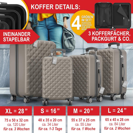 Hartschalenkoffer Kofferset Reisetrolley Hand Koffer Champagner 4-teiliges Kofferset