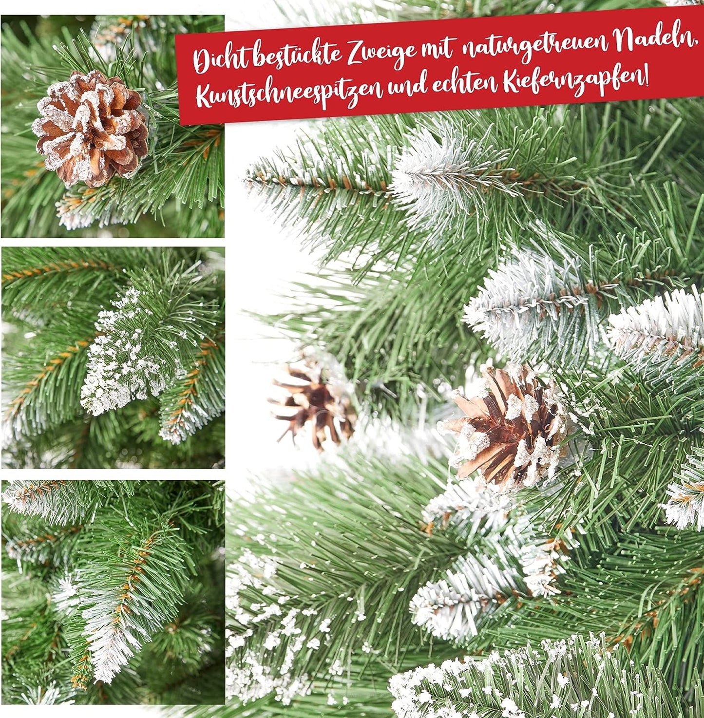 Künstlicher Weihnachtsbaum Nadeln mit Deko Schnee & echten Tannen Zapfen 220cm 04