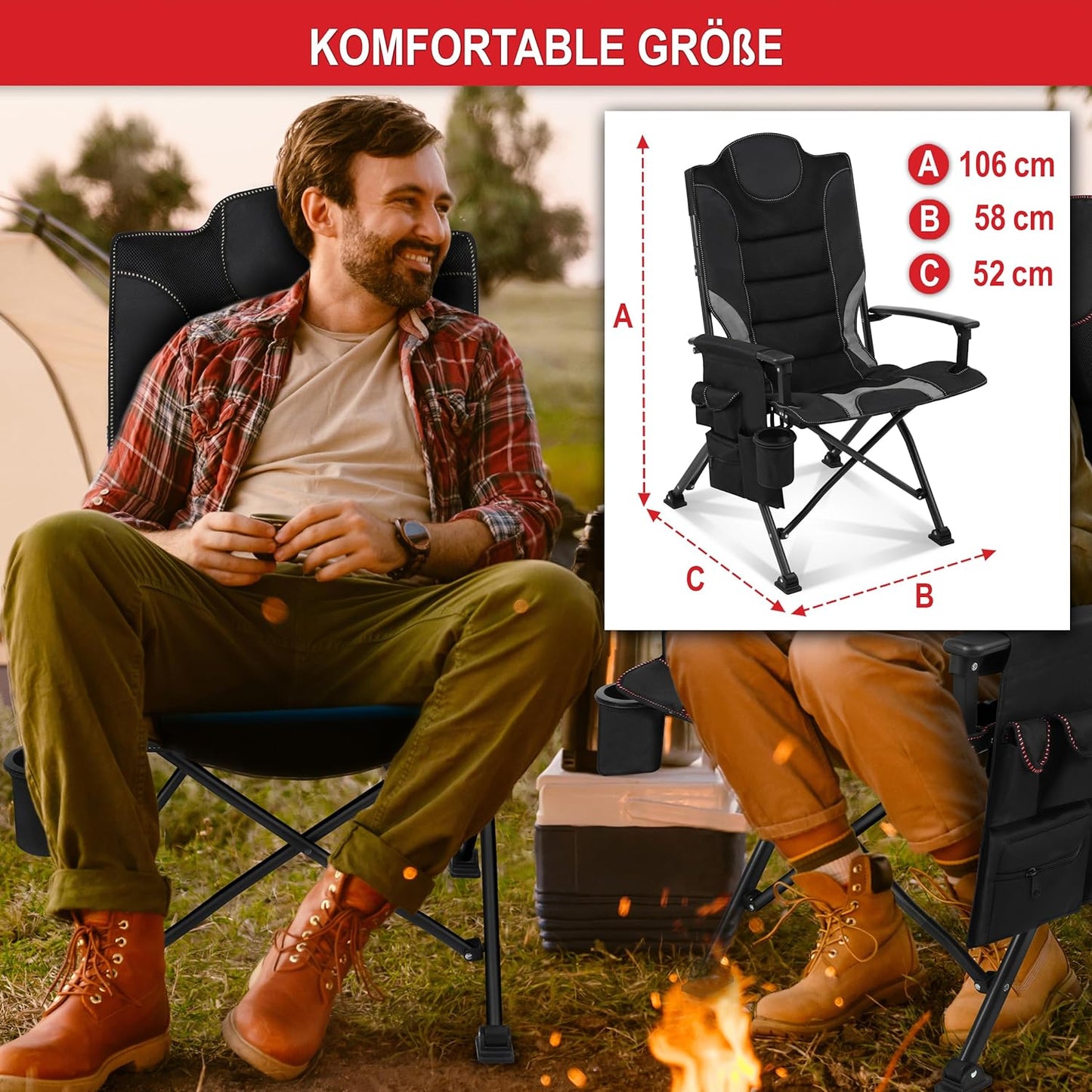 Klappstuhl Campingstuhl faltbar Camping Stuhl Hochlehner gepolstert Grau Schwarz
