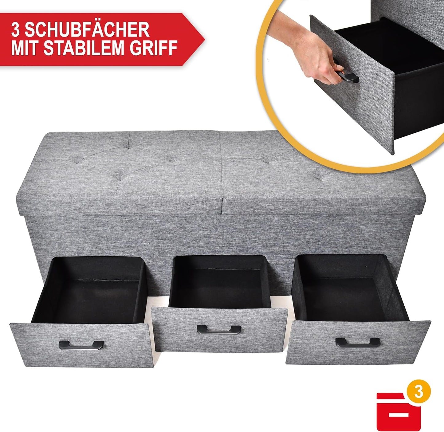 Sitzbank mit Stauraum » 3 Schubladen« Sitztruhe  36 cm Tiefe x 110 cm Breite x 40 cm Höhe