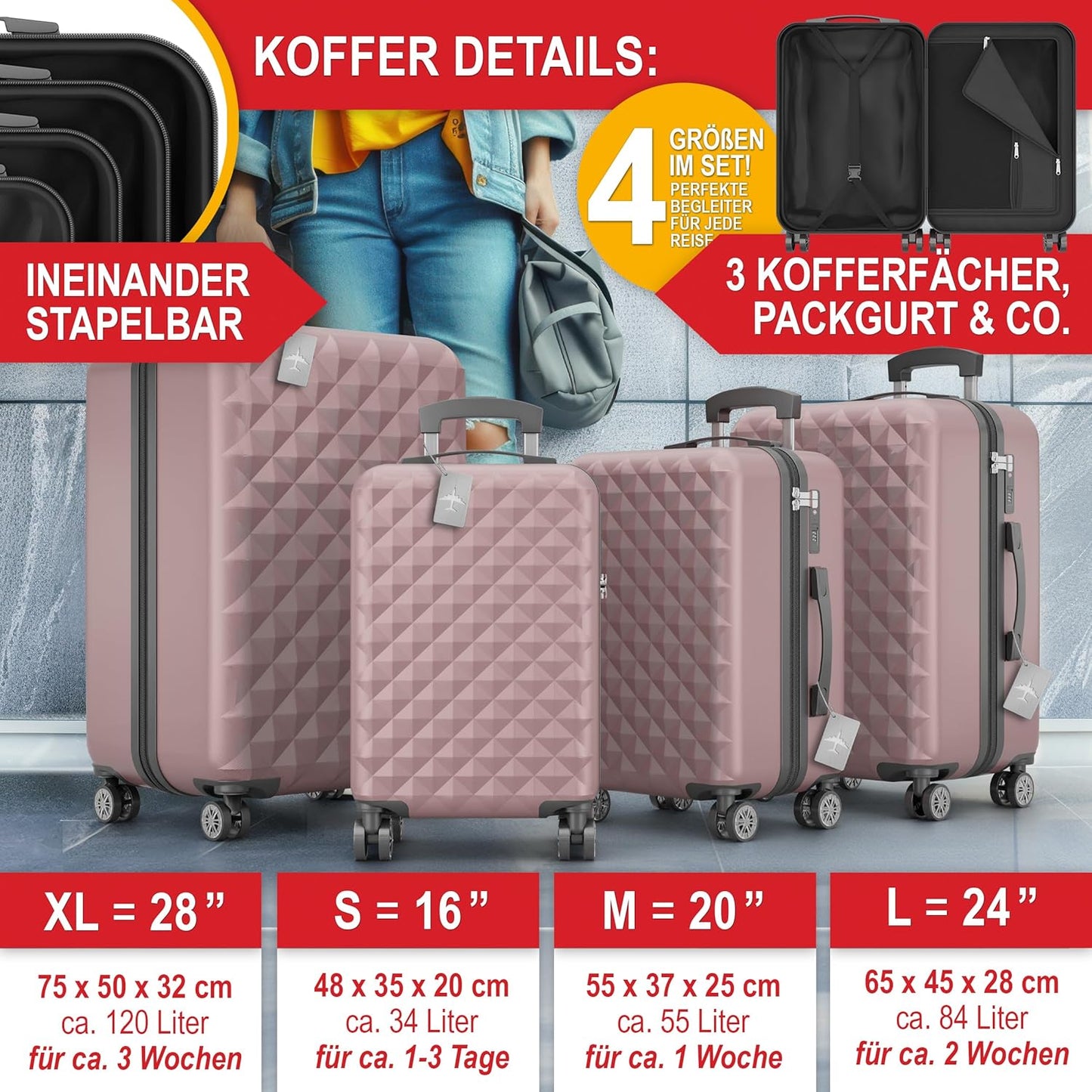 Hartschalenkoffer Kofferset Reisetrolley Hand Koffer Rose Gold 4-teiliges Kofferset