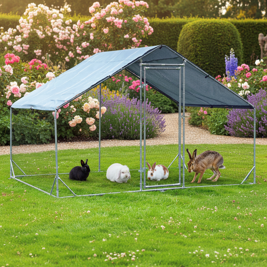 Freilaufgehege L Hasen/Kaninchen 200x200x195cm aus Metall mit Sonnendach/Regenschutz