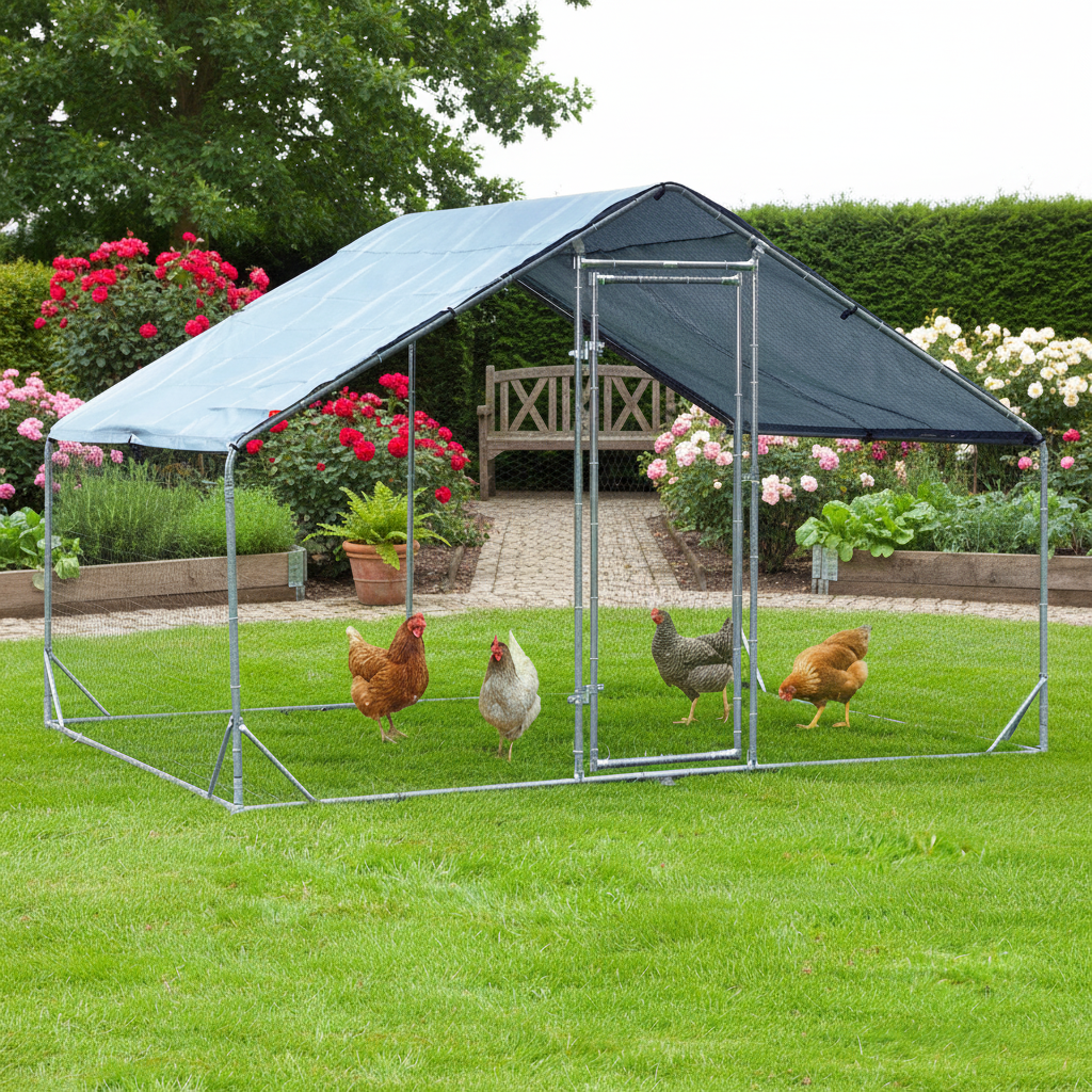 Freilaufgehege Hühner/Enten/Wachten 200x200x195cm aus Metall mit Sonnendach/Regenschutz