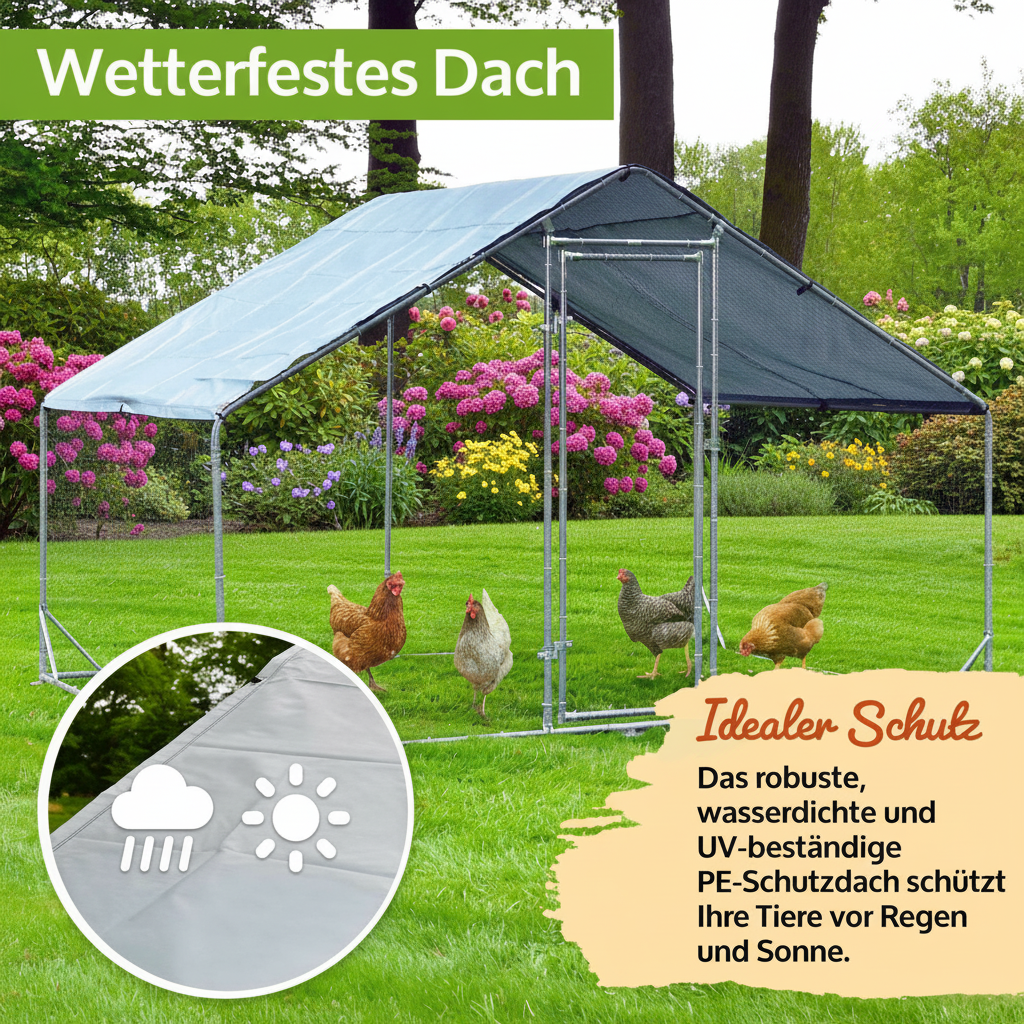 Freilaufgehege Hühner/Enten/Wachten 200x200x195cm aus Metall mit Sonnendach/Regenschutz