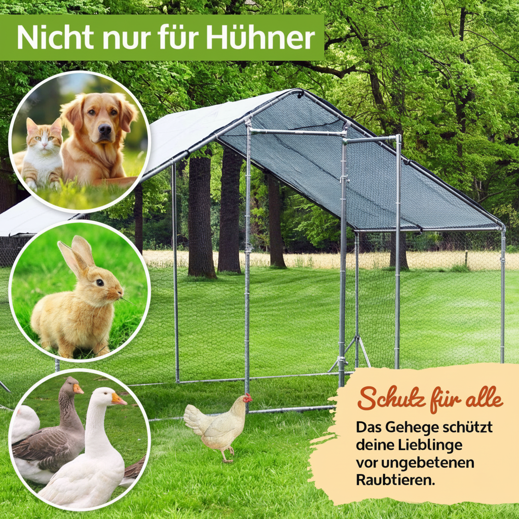 Freilaufgehege XXL Hasen/Kaninchen 400x300x195cm  aus Metall mit Sonnendach/Regenschutz