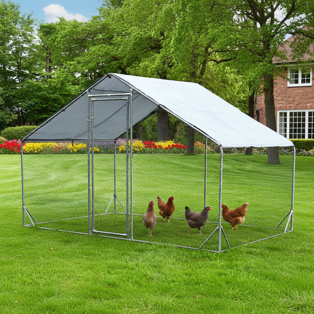 Freilaufgehege Hühner/Enten/Wachten 200x200x195cm aus Metall mit Sonnendach/Regenschutz