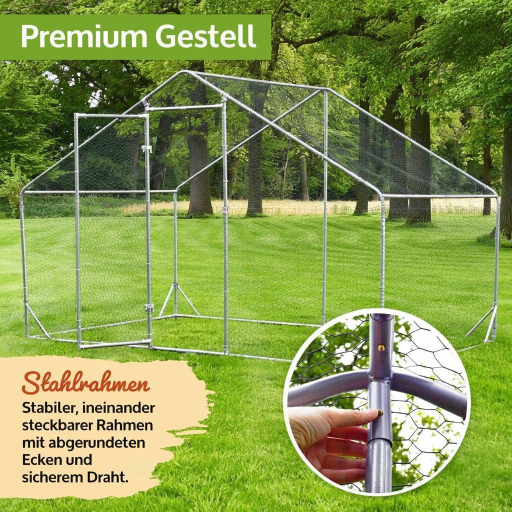 Freilaufgehege Hühner/Enten/Wachten 200x200x195cm aus Metall mit Sonnendach/Regenschutz