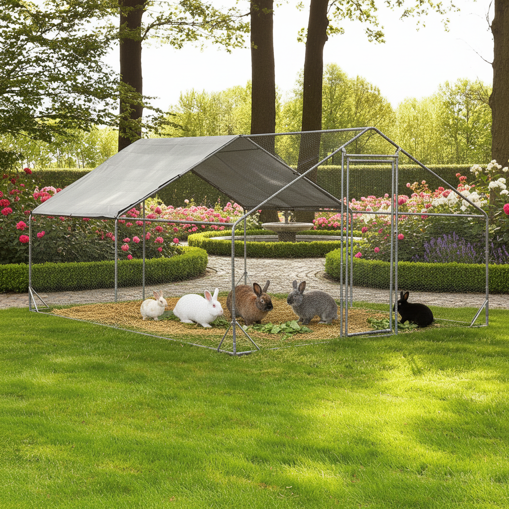 Freilaufgehege XL Hasen/Kainchen 300x200x195cm aus Metall mit Sonnendach/Regenschutz