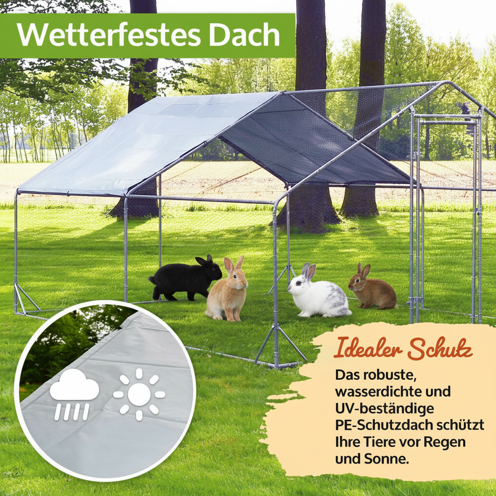 Freilaufgehege XL Hasen/Kainchen 300x200x195cm aus Metall mit Sonnendach/Regenschutz