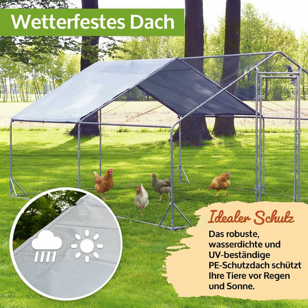 Freilaufgehege XL  Hühner/Enten /Wachteln 300x200x195cm aus Metall mit Sonnendach/Regenschutz