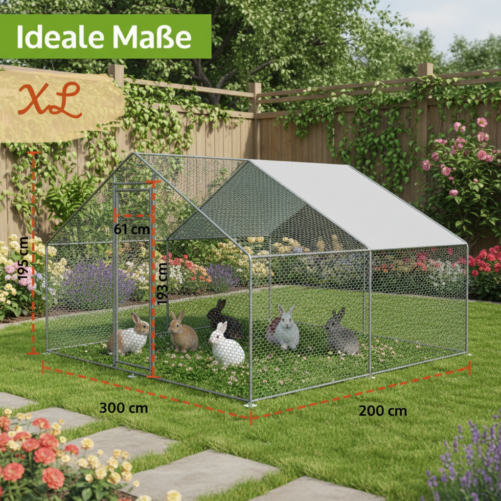 Freilaufgehege XL Hasen/Kainchen 300x200x195cm aus Metall mit Sonnendach/Regenschutz