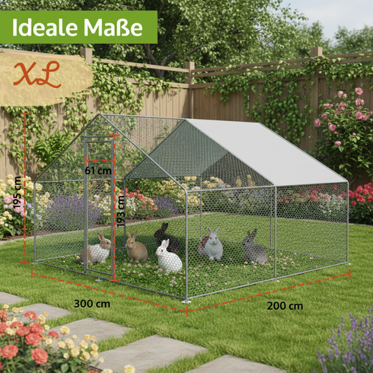 Freilaufgehege XL Hasen/Kainchen 300x200x195cm aus Metall mit Sonnendach/Regenschutz
