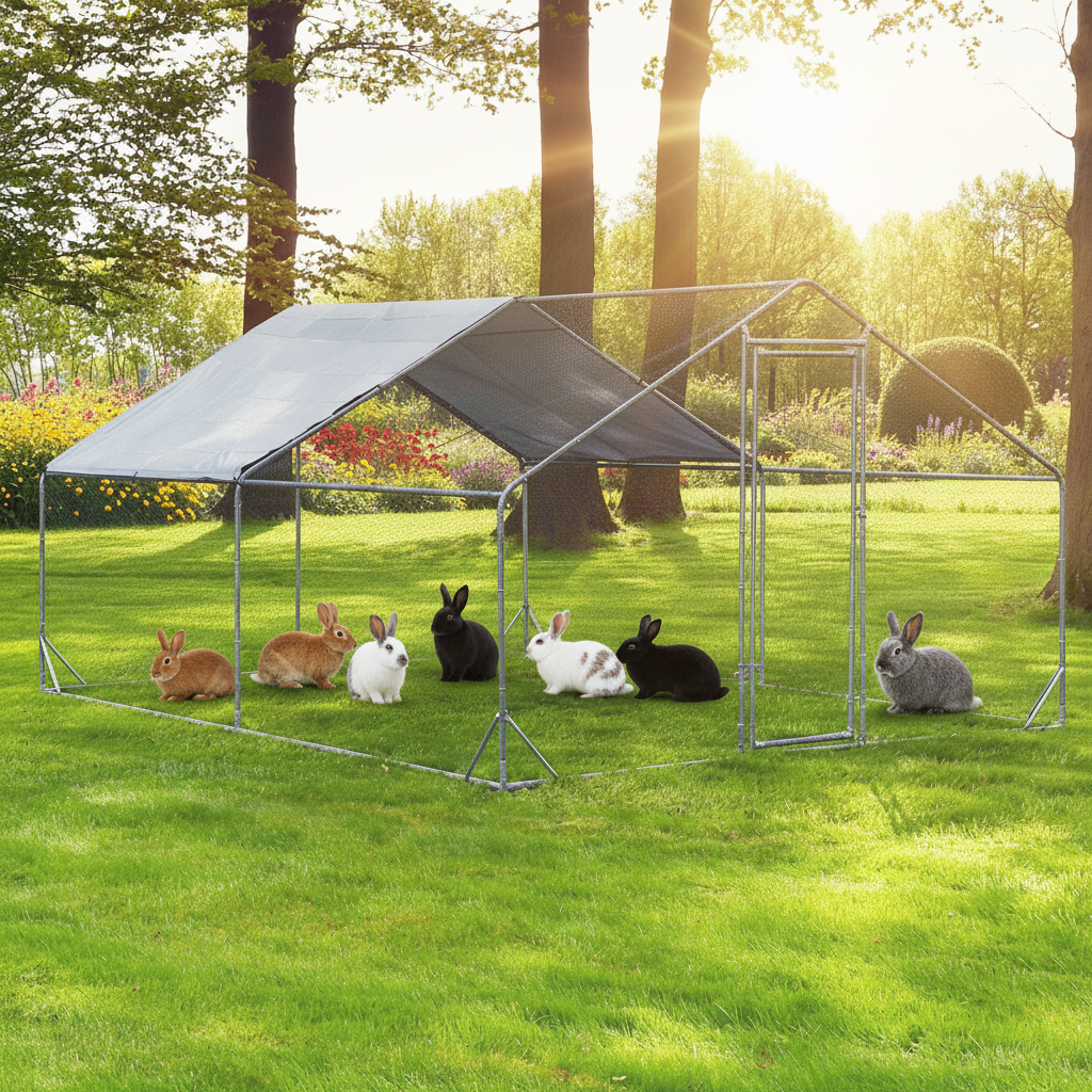 Freilaufgehege XXL Hasen/Kaninchen 400x300x195cm  aus Metall mit Sonnendach/Regenschutz