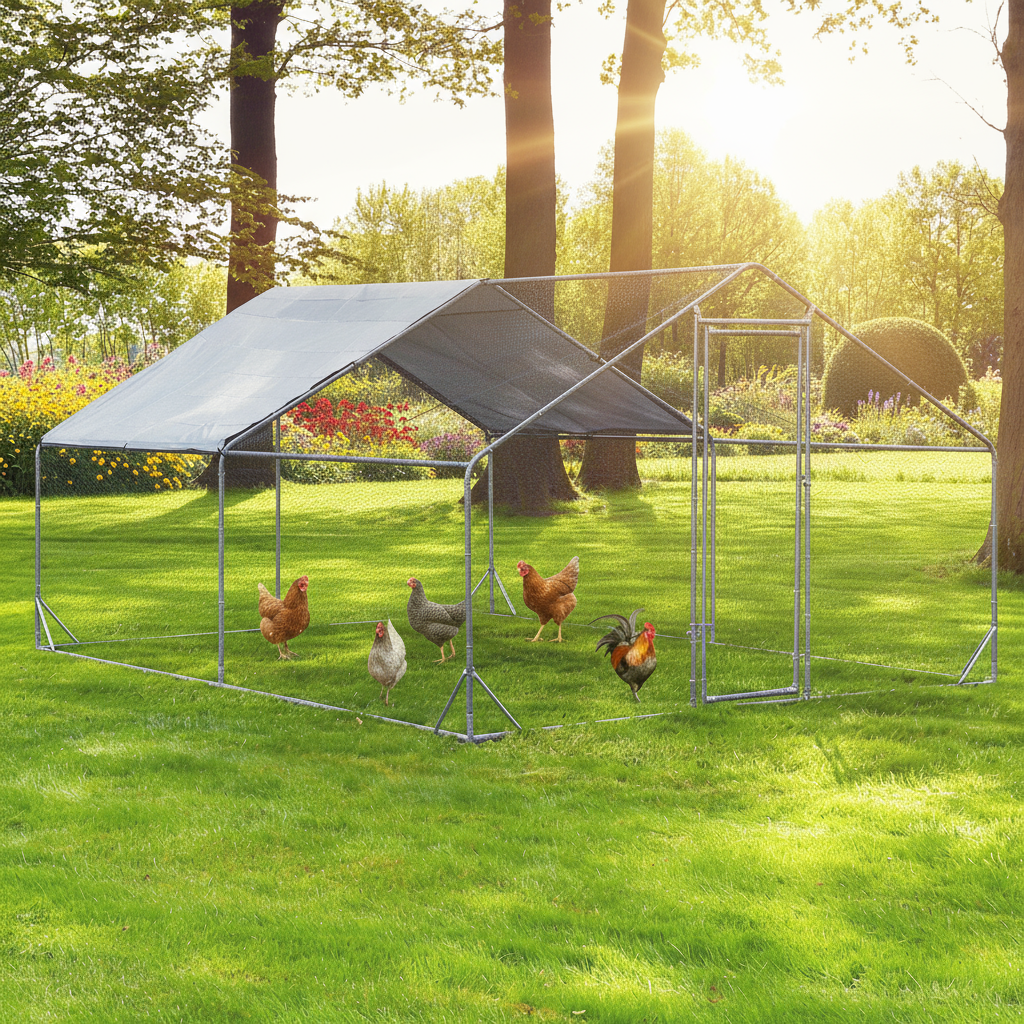 Freilaufgehege XXL Hühner/Wachteln/Enten 400x300x195cm aus Metall mit Sonnendach/Regenschutz