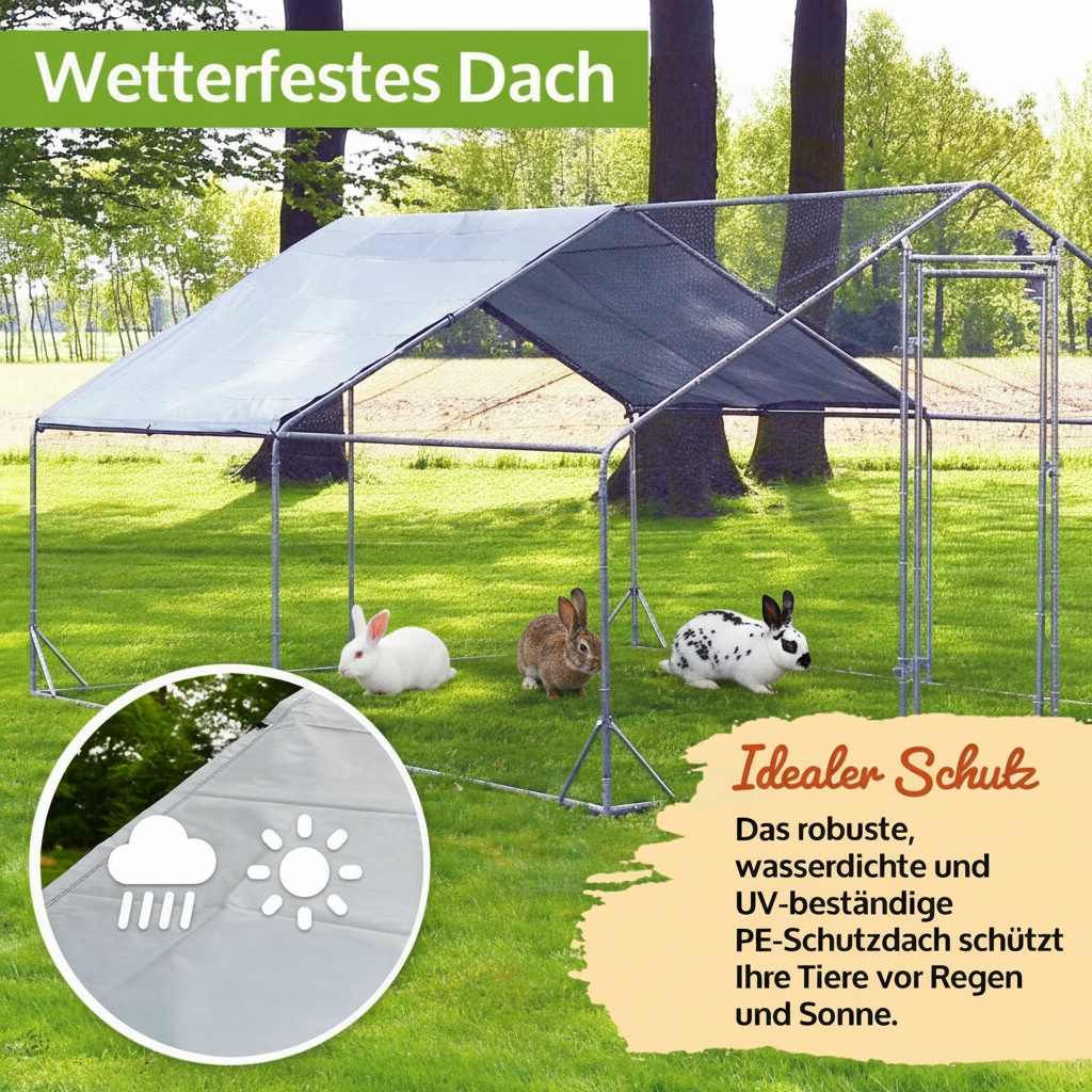 Freilaufgehege XXL Hasen/Kaninchen 400x300x195cm  aus Metall mit Sonnendach/Regenschutz