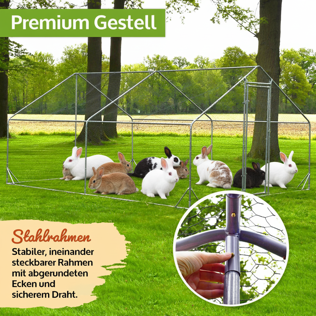 Freilaufgehege XXL Hasen/Kaninchen 400x300x195cm  aus Metall mit Sonnendach/Regenschutz