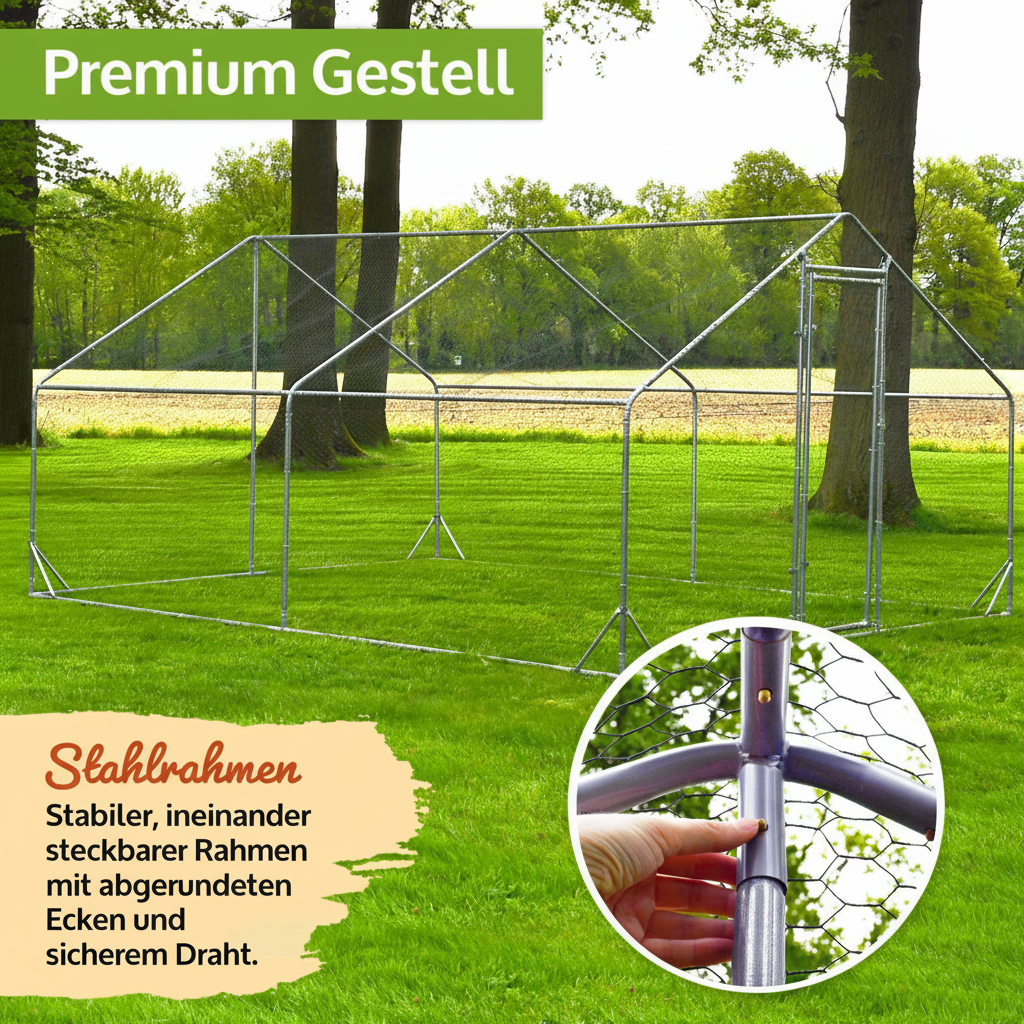 Freilaufgehege XXL Hühner/Wachteln/Enten 400x300x195cm aus Metall mit Sonnendach/Regenschutz
