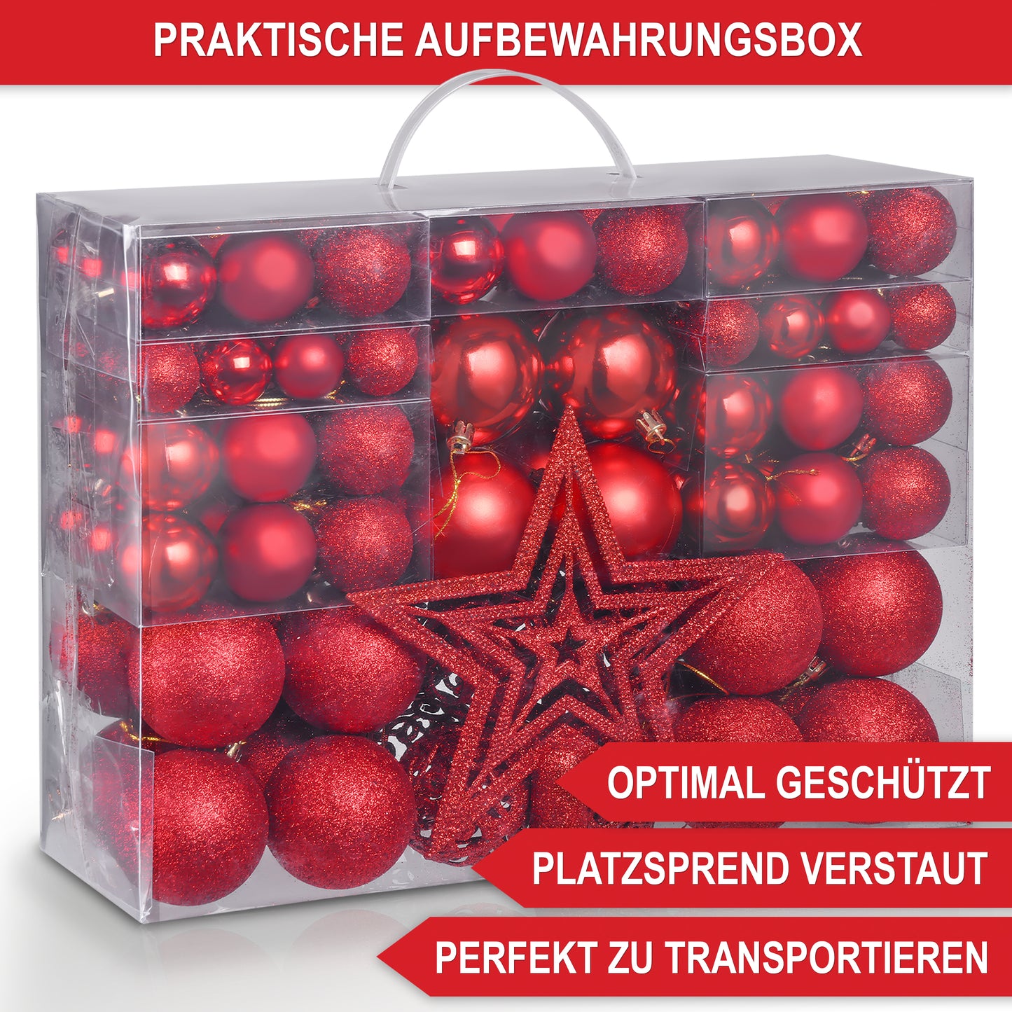 Weihnachtskugeln aus Kunststoff Christbaumschmuck 128-teiliges Set   Rot