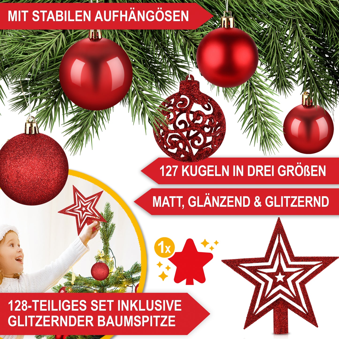 Weihnachtskugeln aus Kunststoff Christbaumschmuck 128-teiliges Set   Rot