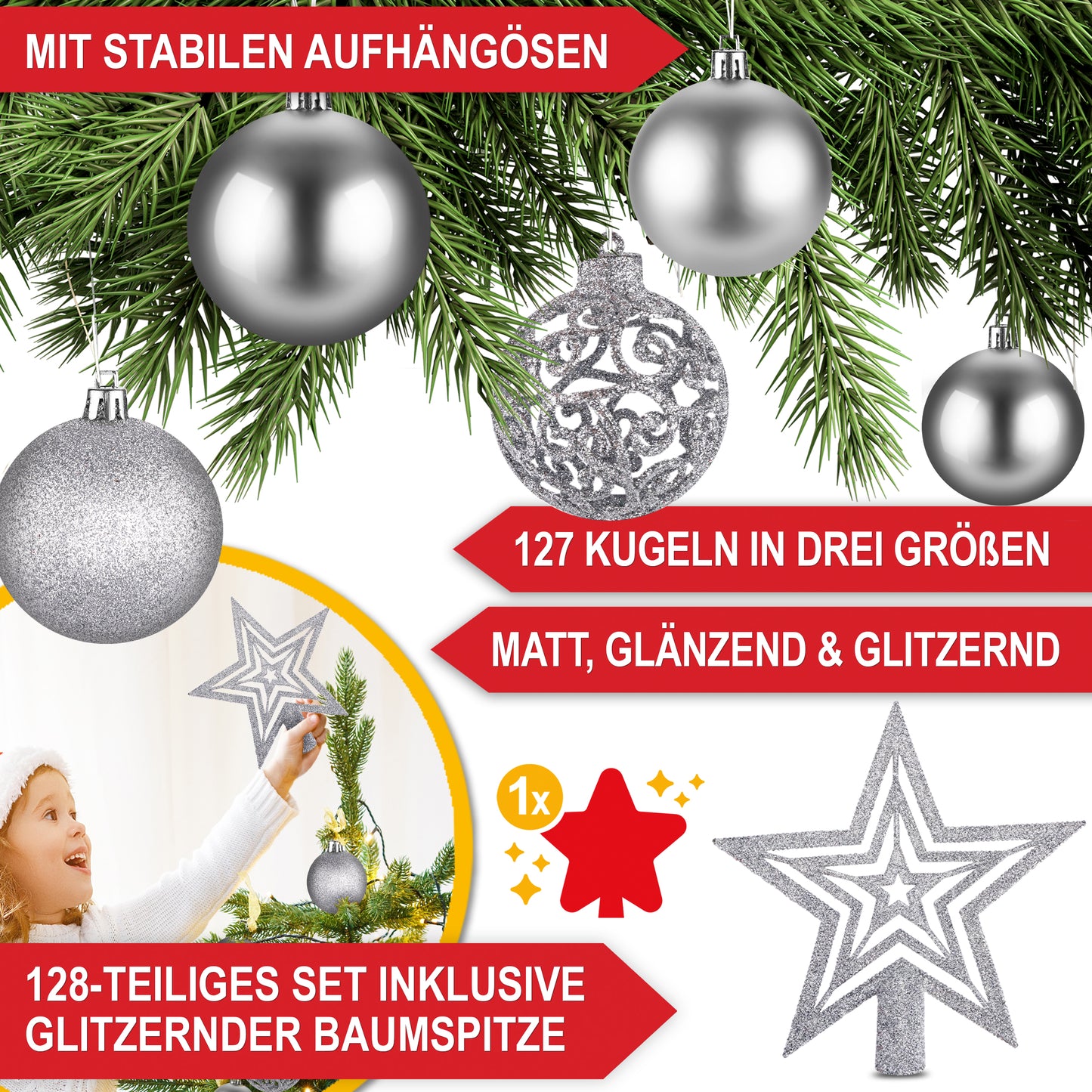 Weihnachtskugeln aus Kunststoff Christbaumschmuck   Silber