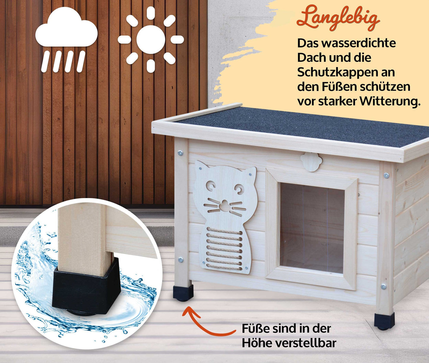 Katzenhaus Katzenbox Katzenhütte Katzenvilla Katzenhöhle Natur 53 x 43 x 39 cm (B x H x T) Dach: 60 x 45 cm