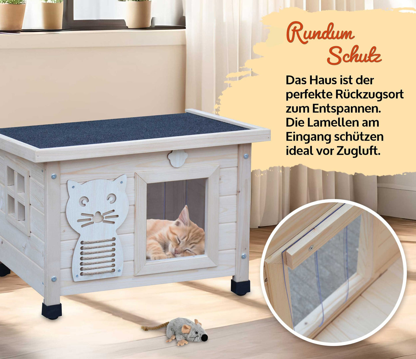 Katzenhaus Katzenbox Katzenhütte Katzenvilla Katzenhöhle Natur 53 x 43 x 39 cm (B x H x T) Dach: 60 x 45 cm