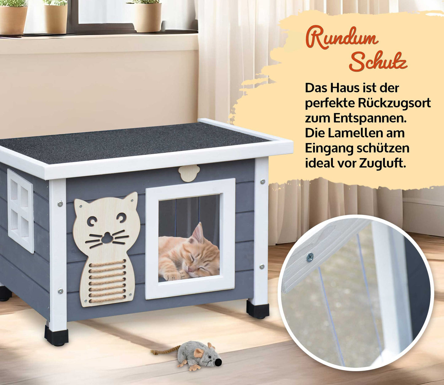 !! Bitte Lesen !! Retourenware !  Katzenvilla Katzenhütte Katzenhaus Katzenbox Katzenhöhle Grau Weiss 53 x 43 x 39 cm (B x H x T) Dach: 60 x 45 cm !!