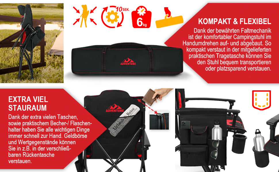 Campingstuhl Klappstuhl faltbar Camping Stuhl Hochlehner gepolstert Schwarz Rot